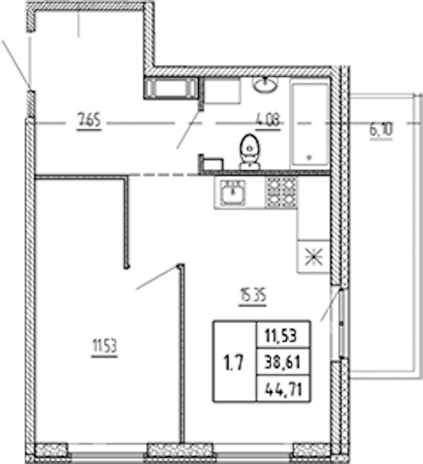1-комнатная квартира 38.61 м², 7/22 эт., ЖК «Новые горизонты 2»